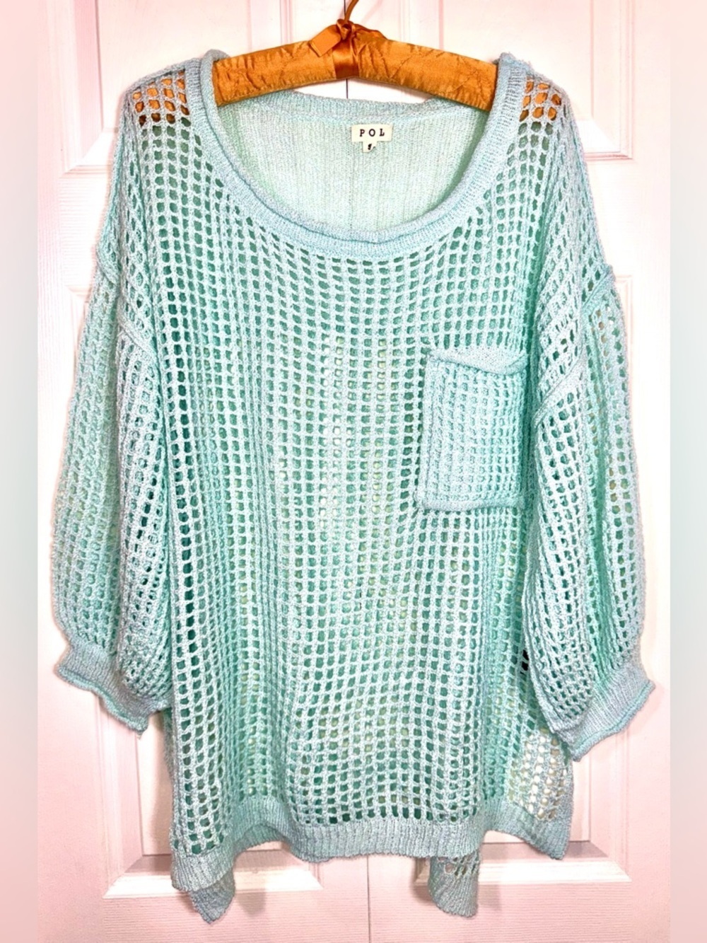 POL Sweater Women’s Size Small Mint Green Open Knit Pocket Hi Lo 3/4 Sleeve NWOT